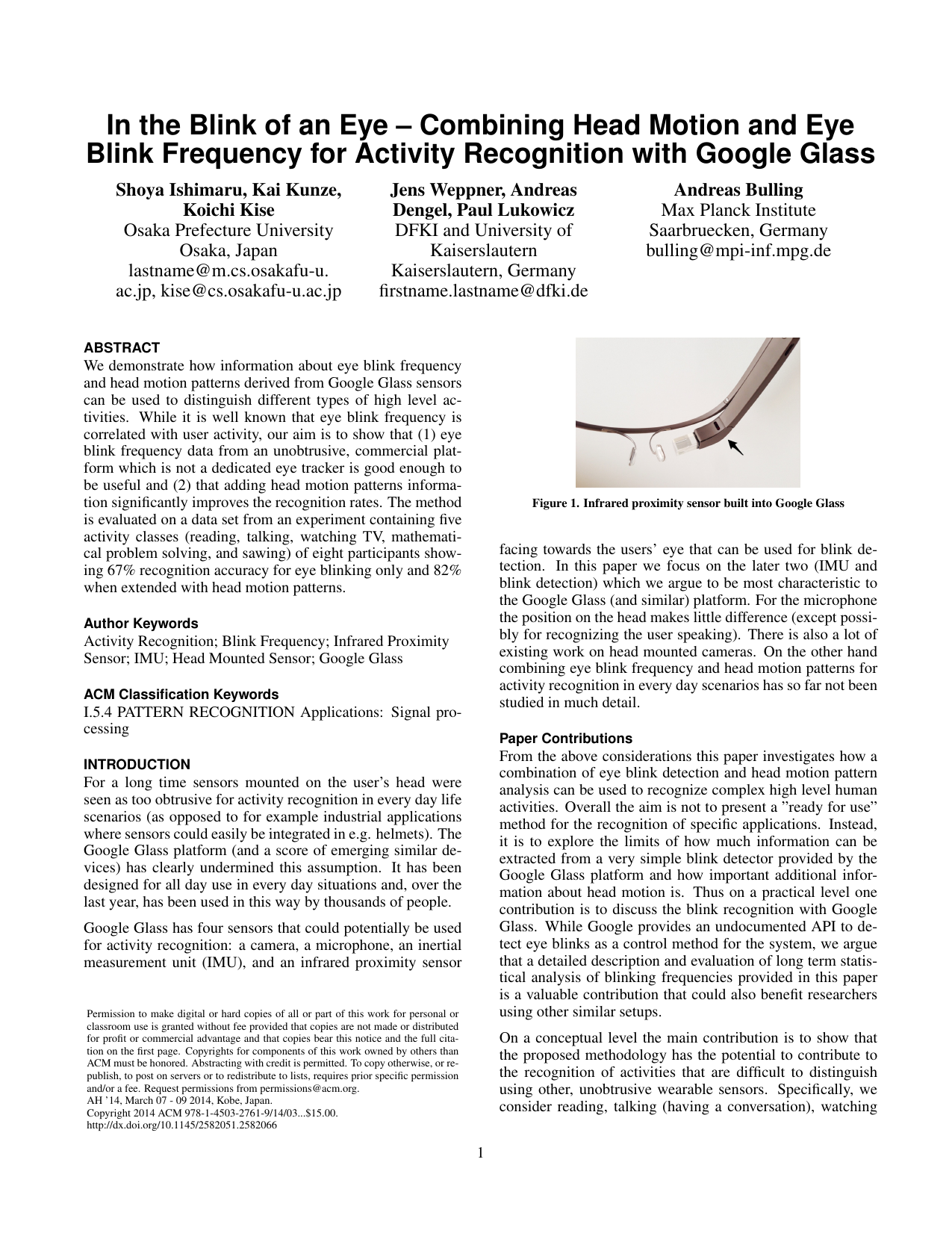 In the Blink of an Eye: Combining Head Motion and Eye Blink Frequency for Activity Recognition with Google Glass