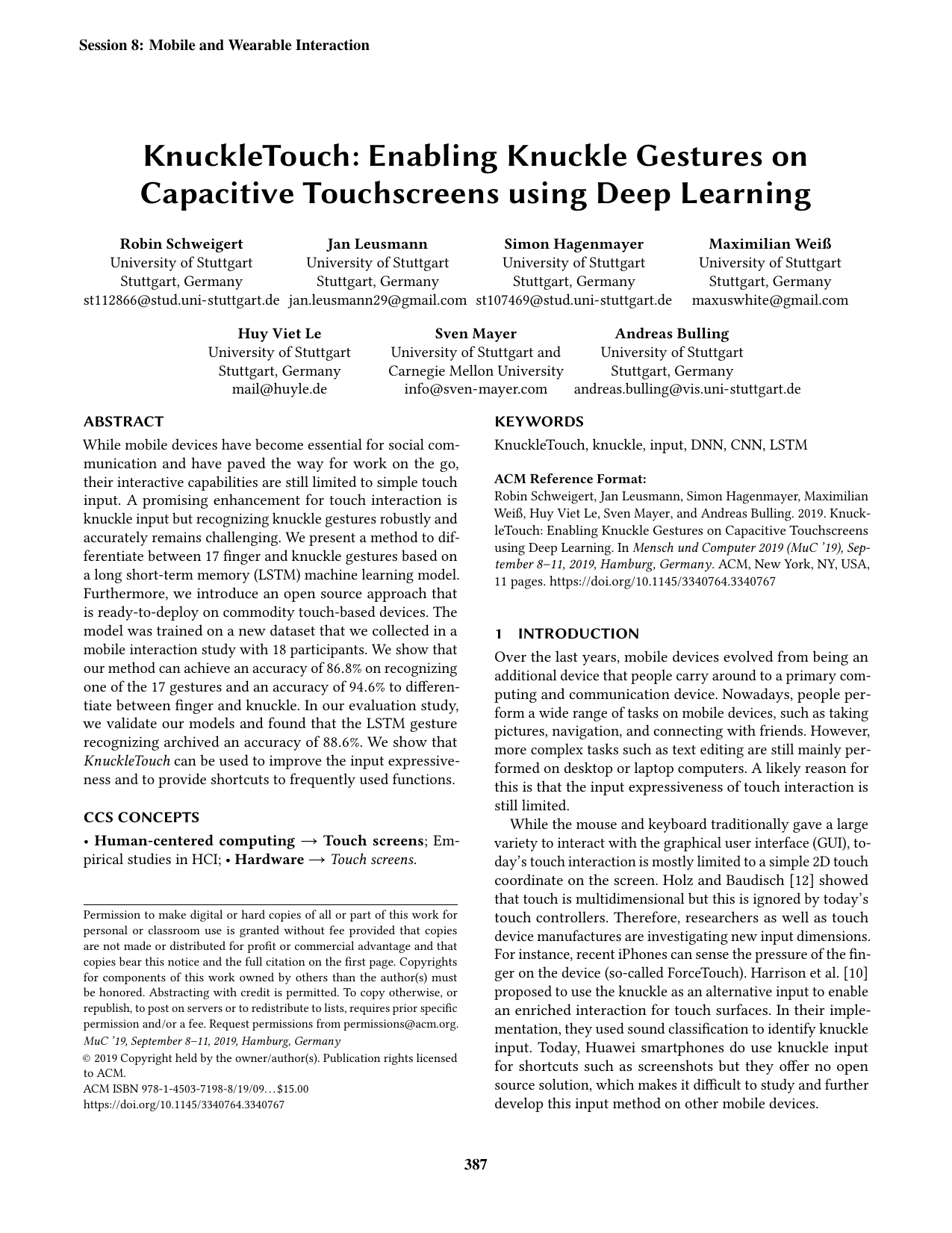 KnuckleTouch: Enabling Knuckle Gestures on Capacitive Touchscreens using Deep Learning