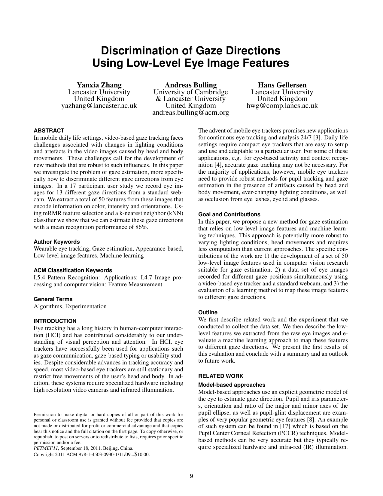 Discrimination of Gaze Directions Using Low-Level Eye Image Features